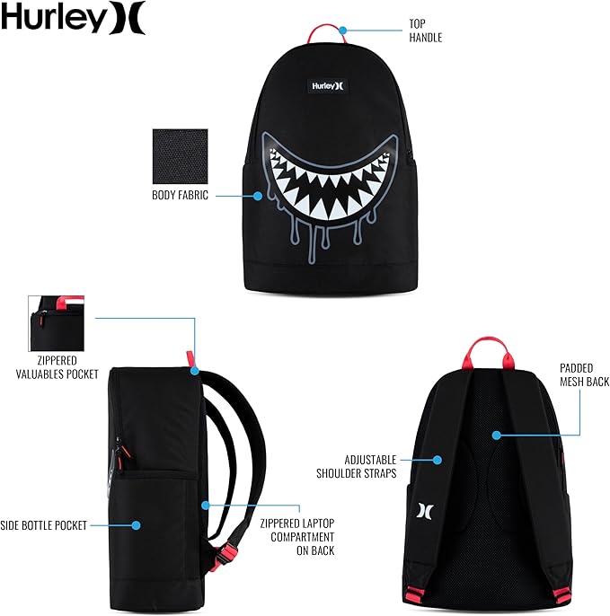 Hurley Unisex-Kids Graphic Backpack, Black/Black, One Size