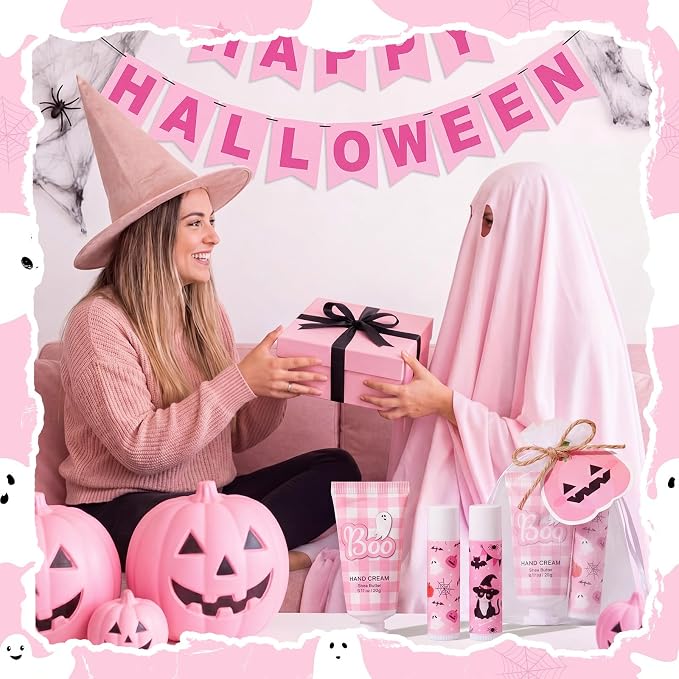 144 Pcs Halloween Lip Balms Hand Cream Sets Pink Supplies Including 36 Ghost Lip Balm and Moisturizing Hand Cream 36 Organza Bags Cards and Ropes for Team Accessories Party Thank You Gifts