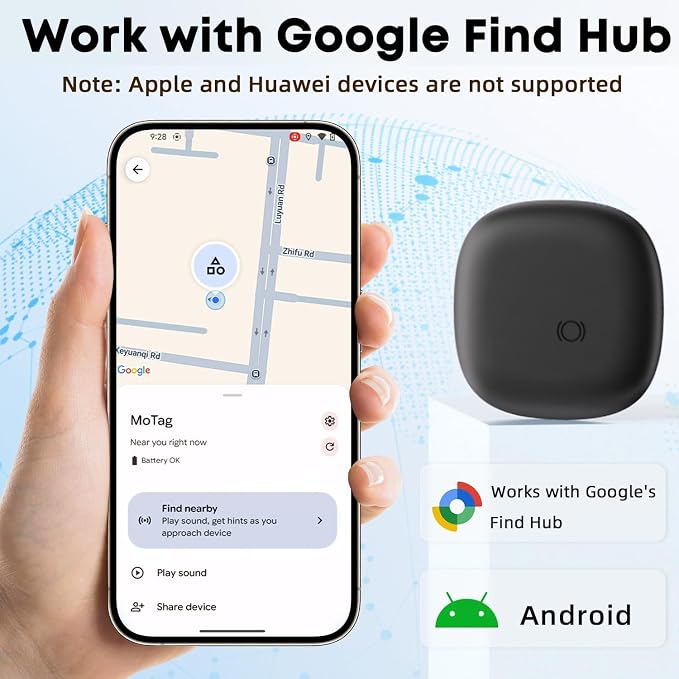 Air Tracker Tags-4 Pack for Android, Bluetooth Luggage Tracker Anti Lost Keys Finder/Item Locator with Holder Case Work with Google's Find Hub for Key, Backpack, Luggage, Wallet, Precise Position