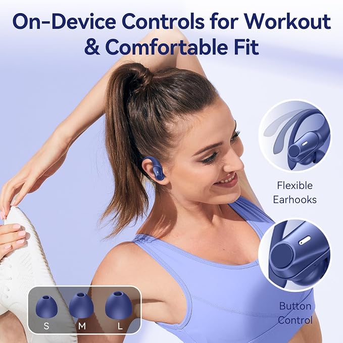Active Noise Cancelling Ear Buds Wireless Earbuds 80H Playtime Bluetooth Headphones with LED Display Case, Hi-Res Audio Clear Calls Earphones with Over Ear Hooks for Running Gym Workout Travel Blue