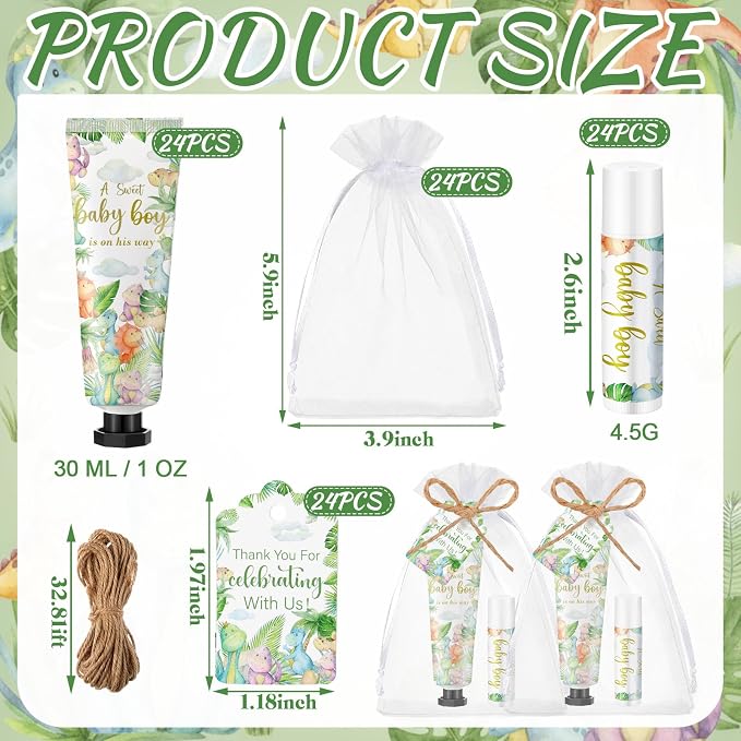 Lounsweer 24 Sets Dinosaur Baby Shower Favors for Guests Sweet Baby Boy Dino Party Favor Set with Hand Cream and Lip Balm Travel Size Lotion Gift with Thank You Cards