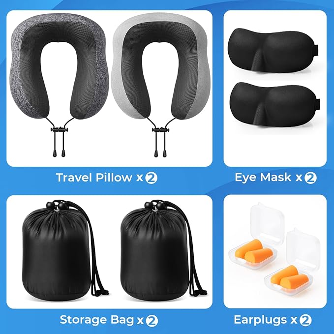ExploreBliss Travel Pillow, 2 Pack Travel Pillows for Sleeping Airplane, Neck Pillow Airplane, Memory Foam Neck Pillow Set with Eye Mask, Earplugs and Storage Bag -Grey & Light Grey