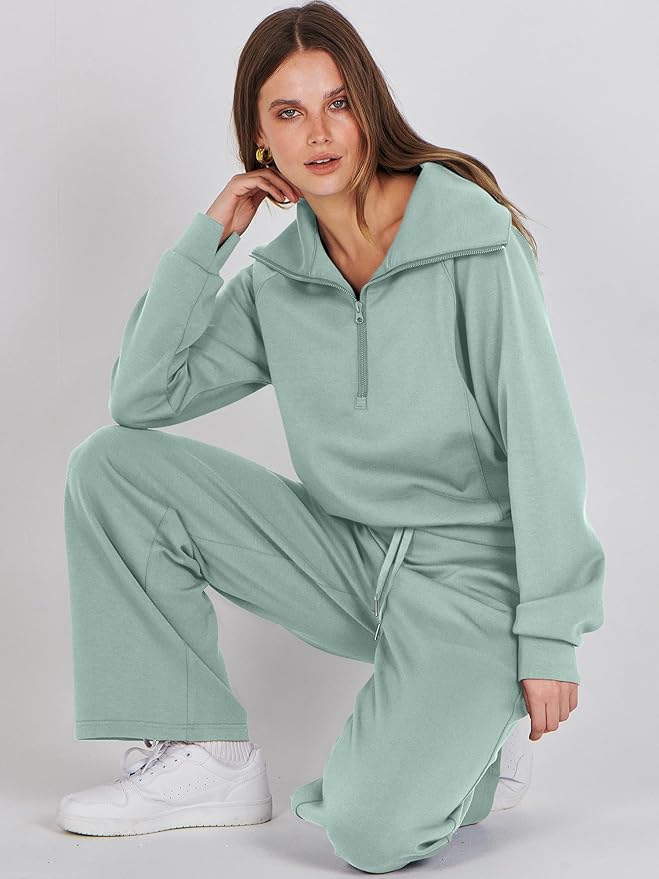 ANRABESS Women’s 2 Piece Outfits Half Zip Sweatshirt & Wide Leg Pants Airport Travel Lounge Matching Sets Sweatsuits Clothing