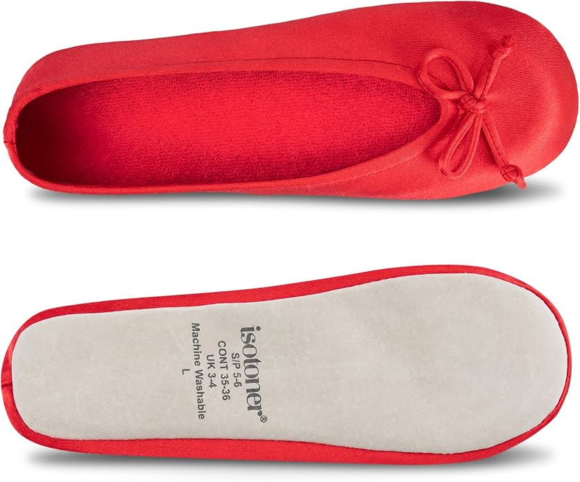 Isotoner Women's Satin Ballerina Slippers with Classic Ribbon Bow and Suede Sole