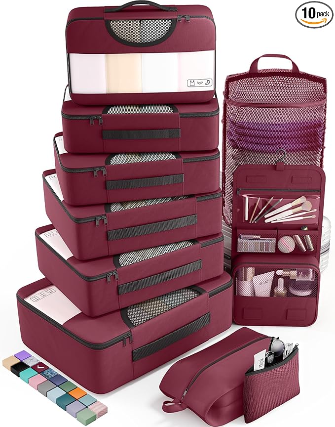 Veken 10 Set Packing Cubes for Travel Essentials, Suitcase Organizer Bags in 4 Sizes, Carry-On Luggage Accessories with Large Laundry Bag & Passport Holder, Must-Have for Airplane, Road Trip & Camping