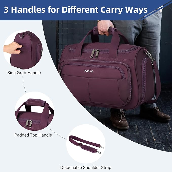 HanTrip Carry on Duffel Bag Foldable Duffle Bags for Travel, Under Seat Personal Item Bags for Airplanes, Weekender Overnight Mens Travel Tote Bag for Women Small Softside Carry on Luggage (Purple)