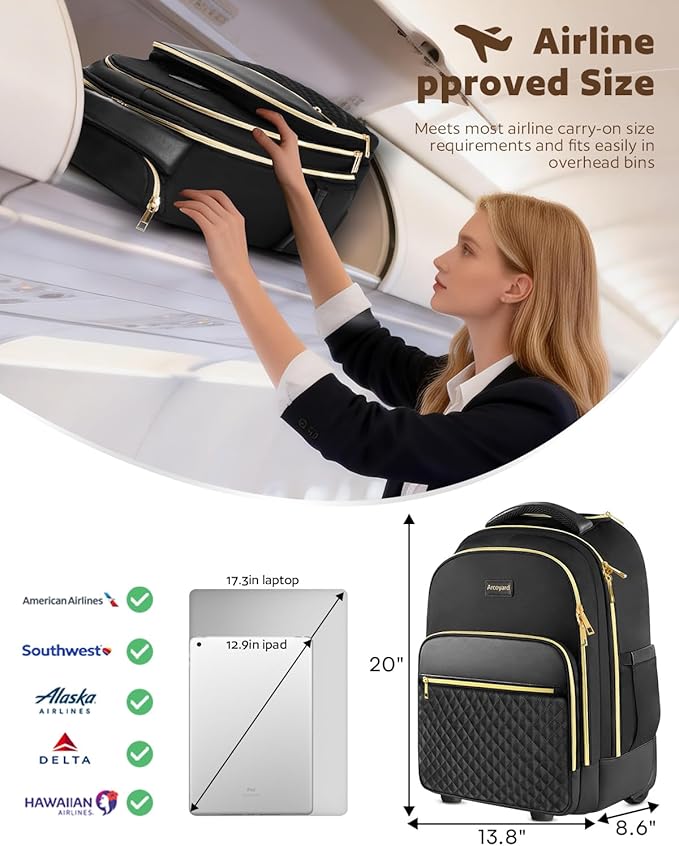 Arcoyard Rolling Backpack for Women, 17 inch Travel Laptop Wheeled Backpack with Anti Theft Zippers for Adults, Large Water Resistant Carryon Luggage Roller Bag Flight Approved for Work College, Black