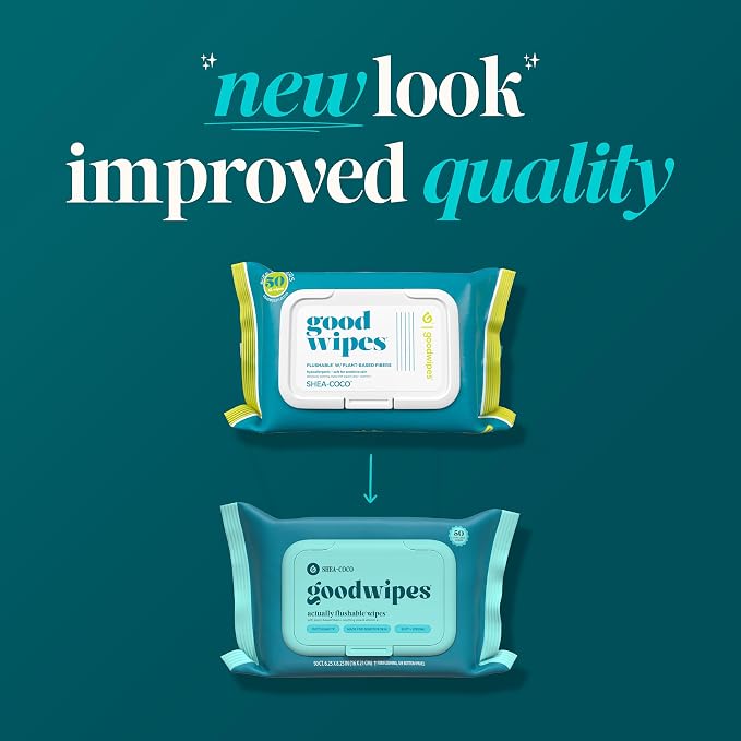 goodwipes Flushable Wipes - Shea-Coco Wet Wipes for Adults, Sewer & Septic Safe, Guest Bathroom Essentials for Women & Men, pH Balanced & Extra Large, 153 Count (3 Packs and 3 Singles)