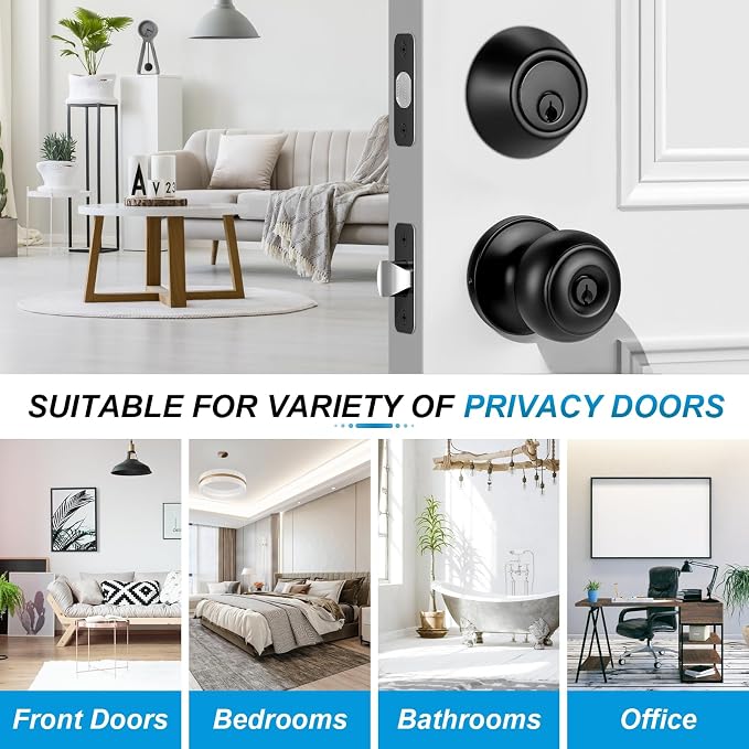 Plustool 3 Pack Front Door Lock Set Matte Black,Exterior Door Lock Set with Deadbolt,Single Cylinder Deadbolt Lock and Door Knob Set,Keyed Alike Door Knobs with Lock&Keys,Round Ball Entry Door Lockset