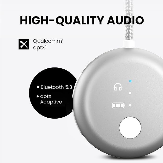 Avantree SoundJet R1 – 25Hr Airplane Bluetooth Adapter for All AirPods | Qualcomm Chipset & aptX Adaptive, Wireless Audio Transmitter for Flight Travel, Works with Bose & Other Headphones