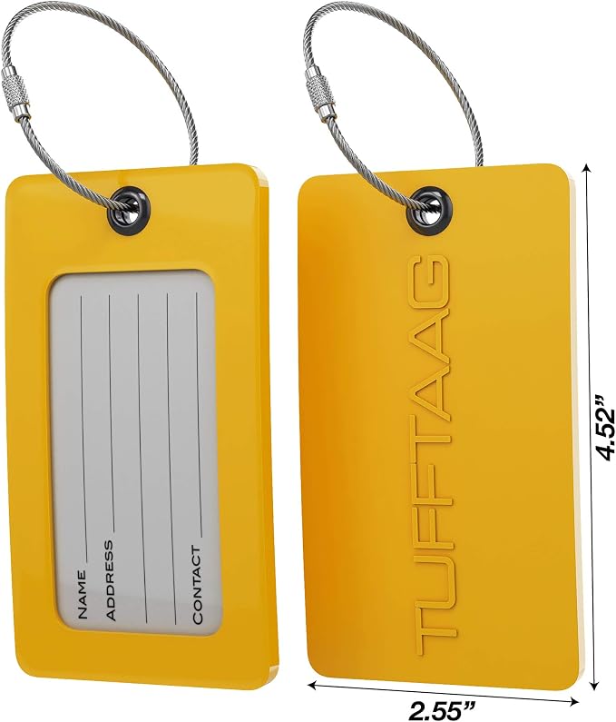 Luggage Tags Business Card Holder by TUFFTAAG - Flexible PVC Travel ID Bag Tag, Yellow, 2 Pack