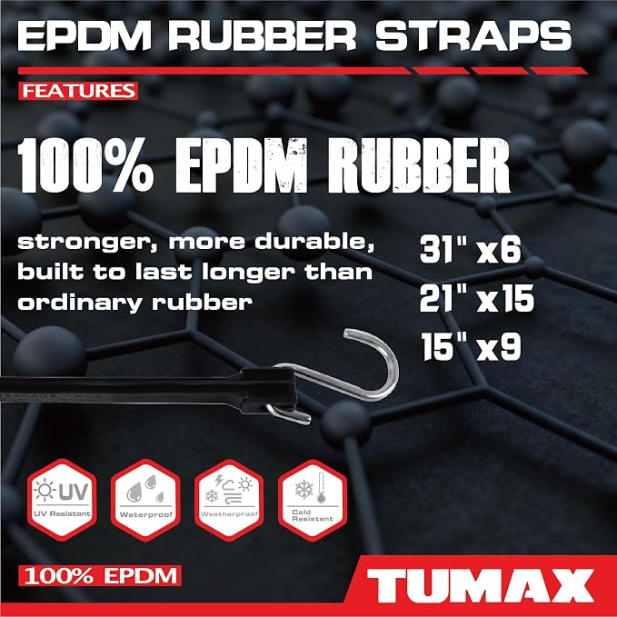 30PCS Rubber Tarp Straps Assorted Sizes with 150% Max Stretch, 100% EPDM Bungee Cords with Hooks, Ideal for Securing Tarps, Cargo, Canvases, 15", 21", 31"