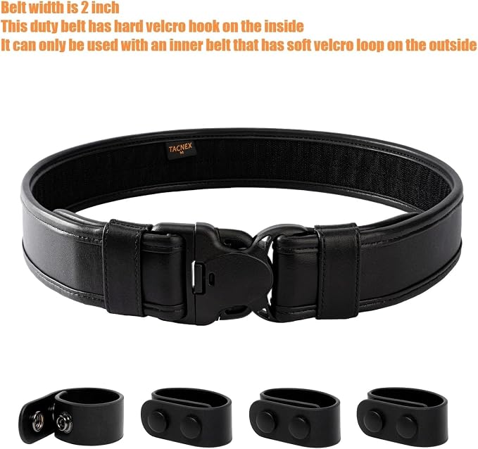 TACNEX 2" Duty Belt w/Hook Lining 4 Keepers 1.5" Reversible Inner Belt for Police Law Enforcement Security Plain Black