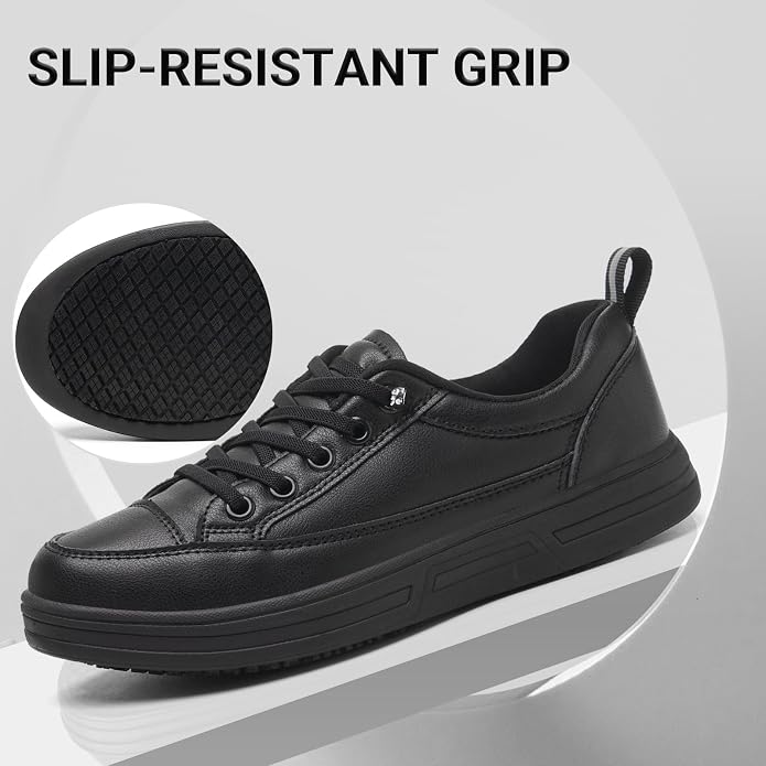 Treesky Black Slip On Non Slip Work Shoes for Women, Faux Leather Sneakers | Slip resistant soles, water resistant faux leather, wipe clean, EVA cushioning, no-tie slip-on, for kitchen & food service