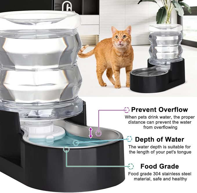 RIZZARI 4L Black Filtered Gravity Pet Water Dispenser | Stainless Steel Bowl,Fresh Water Supply,Helps Reduce Odor,Easy to Clean,Ideal for Small Pets
