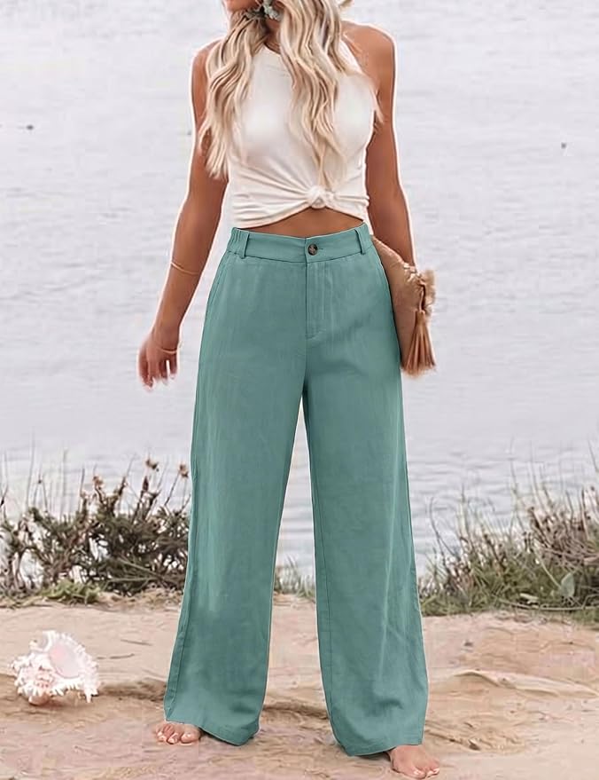 Hooever Womens Cotton Linen Pants Casual Button Up High Waisted Wide Leg Trousers