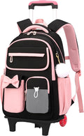 School Backpack with Wheels for Girls Wheeled Bookbags Kids Rolling Backpack for Girls Trolley School Bag, Black Pink 2 Wheels