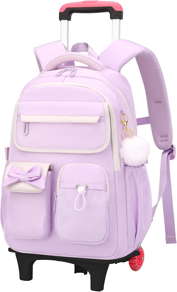 Purple School Backpack with Wheels for Girls Wheeled Bookbags Kids Rolling Backpack for Girls Trolley School Bag, Purple 2 Wheels