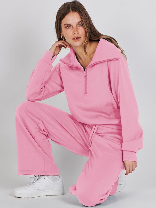 ANRABESS Women’s 2 Piece Outfits Half Zip Sweatshirt & Wide Leg Pants Airport Travel Lounge Matching Sets Sweatsuits Clothing