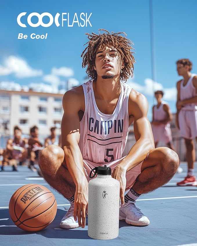 Coolflask 128 oz Gallon Water Bottle Insulated with Straw&3 Lids, Water Jug Large Stainless Steel Metal Vacuum Wide Mouth for Sports, Gym or Office, Non-BPA Keep Cold 48H Hot 24H, Arctic White
