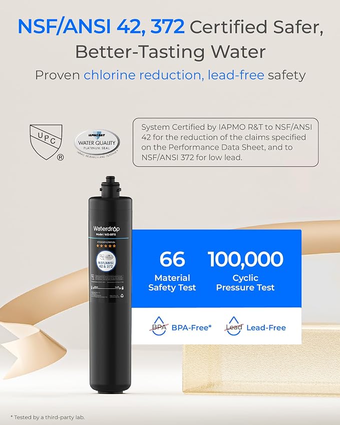 Waterdrop RF15 Water Filter Replacement for Waterdrop 15UA/15UB/15UC Under Sink Water Filter, Reduces PFOA/PFOS, PFAS, Lead, Chlorine, Bad Taste & Odor, NSF/ANSI 42 Certified, 2 Years