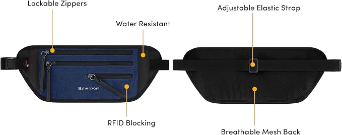 Sherpani Jett, Travel Money Belt, Secure Waist Bag, Slim Passport Holders, Blocking Hidden Wallet Belt Bag, Fanny Pack for Women, Travel Gift, RFID Protection (Indigo Lite)
