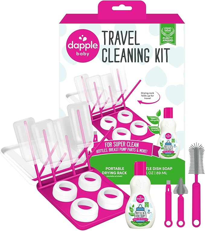 Dapple Baby Travel Cleaning Kit - 5 Piece- Baby Bottle & Dish Soap, Bottle Brushes, and Drying Rack - Newborn Essentials