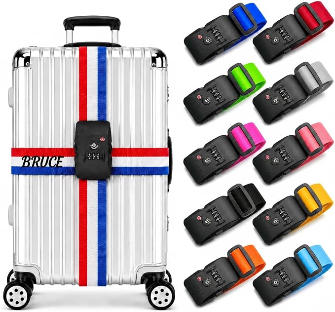 Personalized Luggage Strap with TSA Compatible Combination Lock,1 Piece Custom Embroidered Name Suitcase Belt, 200CM Adjustable Travel Identifier for 18-32 Inch Bags(1)