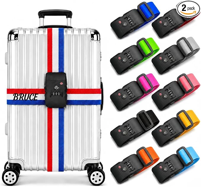 Personalized Luggage Strap with TSA Compatible Combination Lock,2 Pcs Custom Embroidered Name Suitcase Belt, 200CM Adjustable Travel Identifier for 18-32 Inch Bags(2)