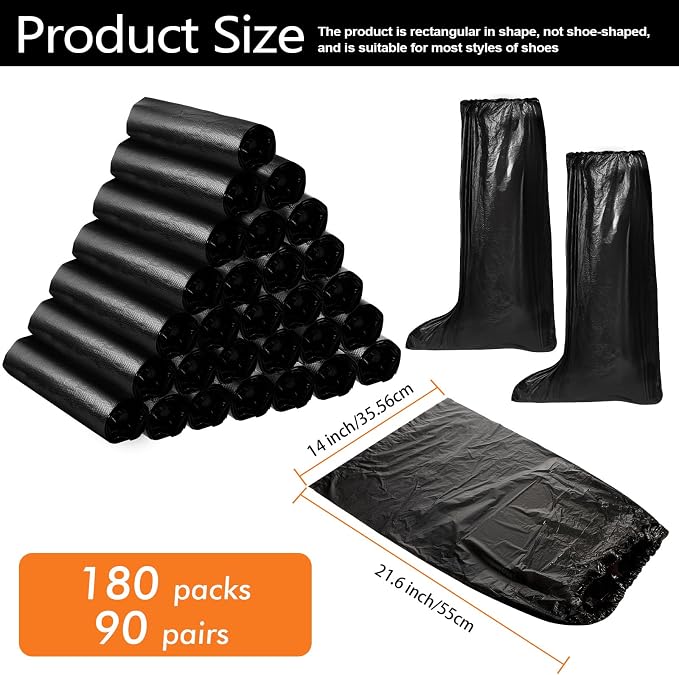 Haysandy Shoe Covers Disposable Non Slip Plastic Boot Covers Long Waterproof Shoes Covers Safety Boot Shoe Covers 21.6 Inch Tall Shoe Coverings for Men Women Rainy Day Use(Black, 180 Pieces)