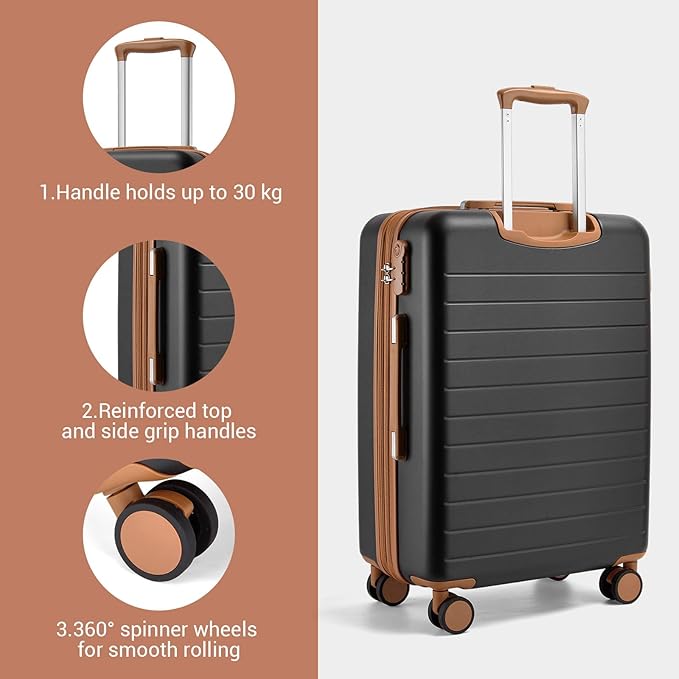 Kono 24 Inch Check In Suitcase Expandable Luggage, Business Travel Suitcase for 5-7 Days, Durable ABS+PC Hardshell with Side Handles & Kick Plates, Double Spinner Silent Wheels, Black/Brown
