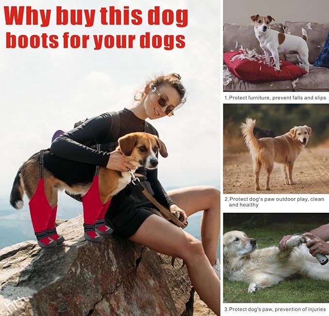 Idepet Dog Suspender Boots, Tall Dog Boots Anti-Slip & Fall Waterproof Shoes Leggings, Adjustable Suspender Boots for Winter Snow Rain Hiking Paws Protector (Red, 1)