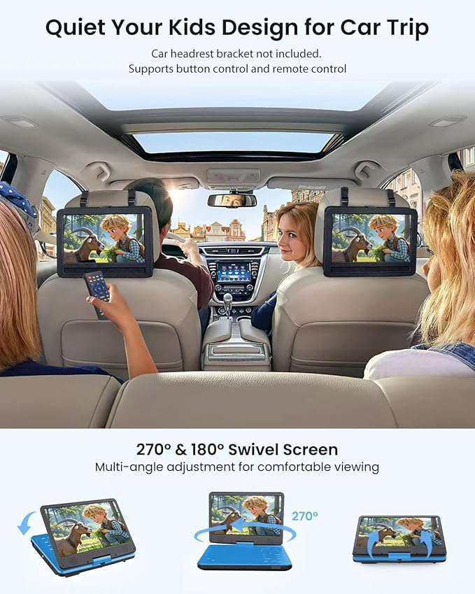 12.5-inch Portable DVD Player with 10.5-inch HD Screen, Portable Design for on-the-go Viewing.Supports 5 Hours of Battery Life.CD/DVD/SD Card/USB Compatible,Region Free (Blue)