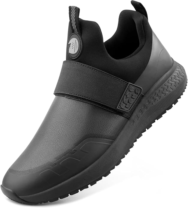 Non Slip Work Shoes for Men Slip On Food Service Kitchen Chef Restaurant Shoe Waterproof Slip Resistant Walking Sneakers Lightweight Comfortable Working Footwear Leather