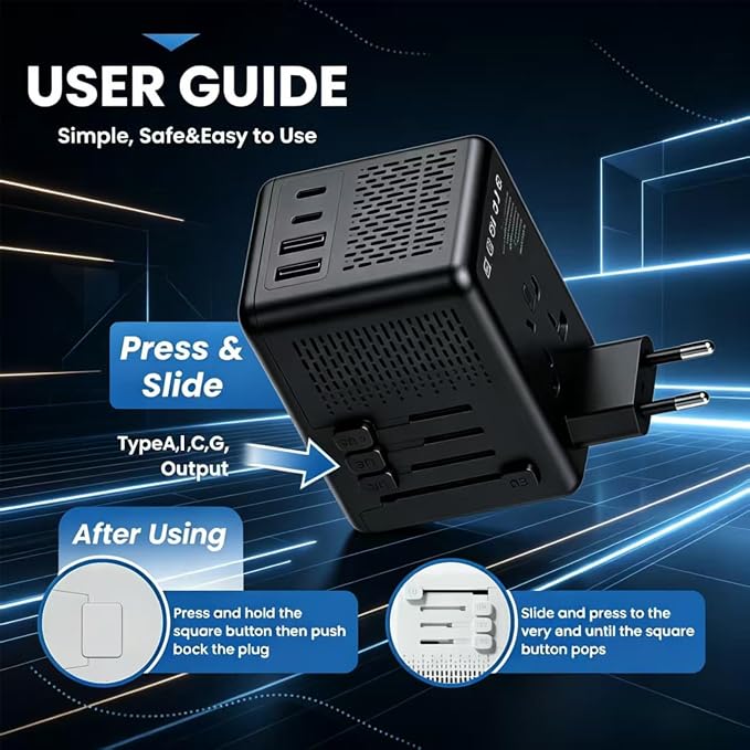 220V to 110V Voltage Converter US to Europe for Hair Dryer with Fast Charging, Power Converter Adapter Combo 2 USB A & 2 USB C, International Adapter European Travel Converter C G A I (Black)