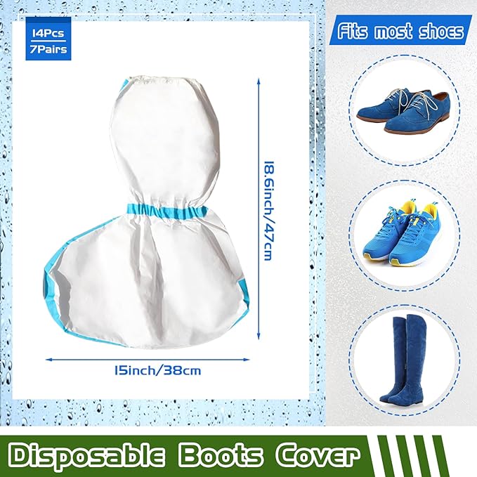 14 PCS(7 Pairs) Hazmat Shoe Covers Disposable & Boot Foot covers,Reusable,Non-slip,Waterproof for booties White 18inches Tall