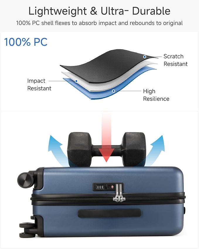 LUGGEX Carry On Luggage 22x14x9 Airline Approved, L2 100% PC Hard Shell Travel Suitcase with Smooth Spinner Wheels, TSA Lock (Silver, 20 Inch, 40L)