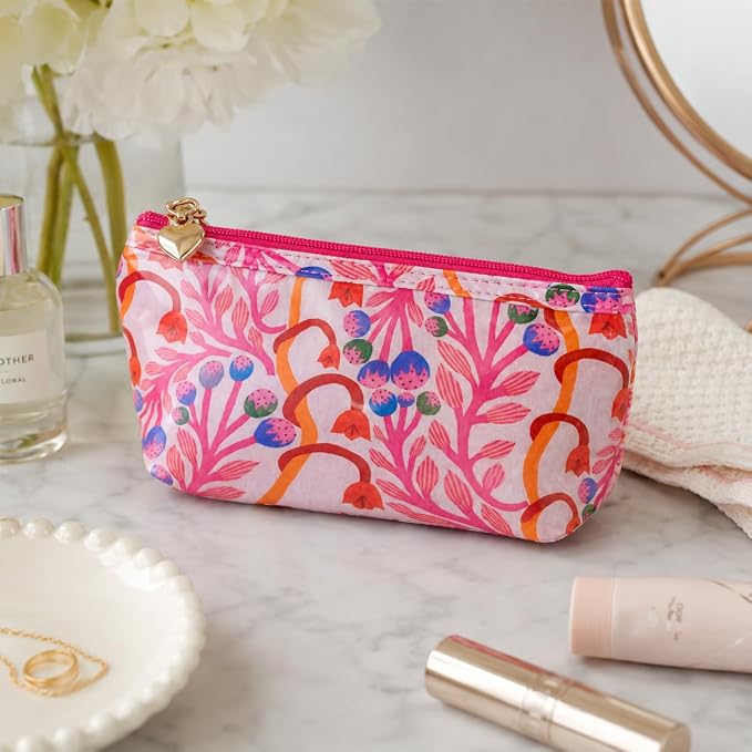 Jacaranda Living Extra Small Cosmetic Bag – Splash-Proof Travel Makeup Pouch with PVC Lining, Compact Bridal & Bridesmaid Toiletry Bag, Easy-Clean Cosmetic Case – Strawberry Vine