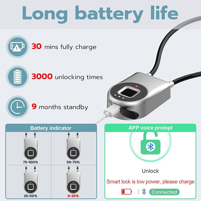 Fingerprint Cable Lock, 6" Long Cable Smart Padlock with Fingerprint Bluetooth APP, Keyless Biometric Waterproof Outdoor Gate Lock for Refrigerator French Door Fence Backyard Pantry