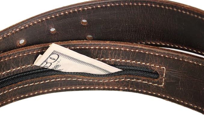 Money Belt, 1-3/4" Double Prong, Zipper Pocket, Travel Security, Full Leather, Made in USA