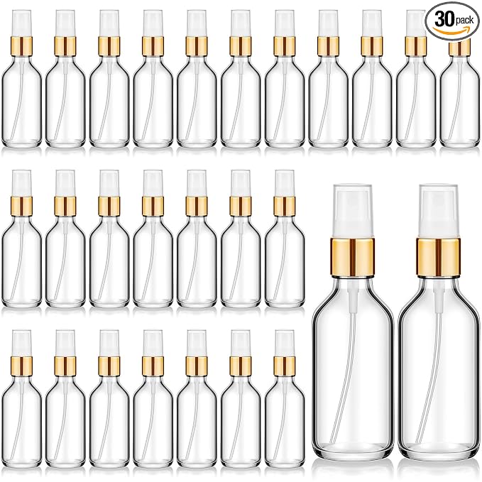 Roshtia 30 Pcs Glass Spray Bottle Clear Empty Bottles Small Refillable Reusable Perfume Bottle with Fine Mist Sprayer Pump for Face Body Travel(2 oz,Clear with Gold Lid)