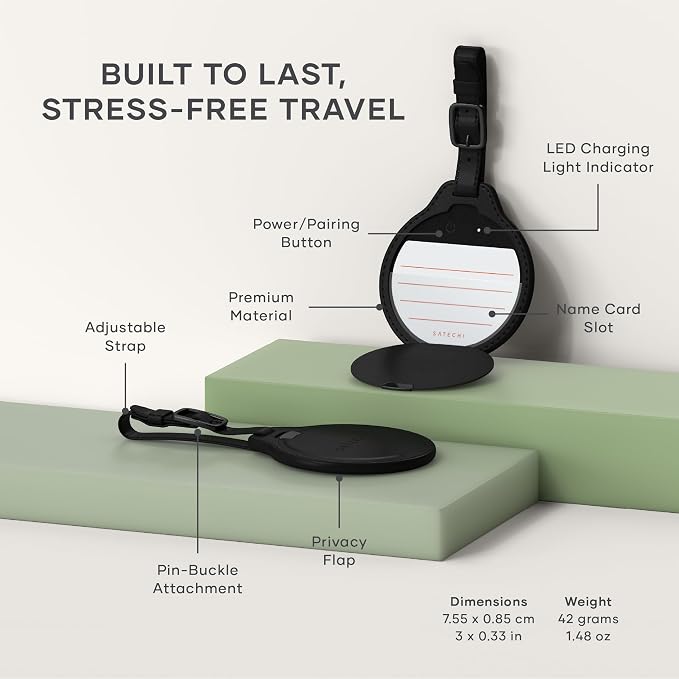 Satechi FindAll Smart Luggage Tag with Find My, TSA-Friendly, Airport Tracking, Left-Behind Alerts, Loud Audible Chime, Wireless Rechargeable, Works with iPhone, iPad, Mac – Black