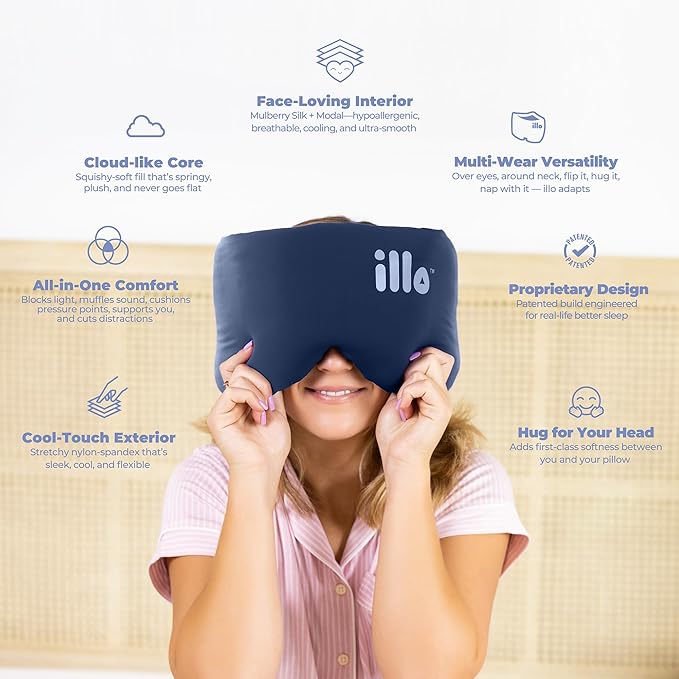 illo Wearable Pillow Sleep Mask | Blackout Weighted Eye Mask for Sleeping Napping & Side Sleepers | Soft Mulberry Silk Blend Patented Light Blocking for Travel Bed Camping Airplane Work | Women & Men