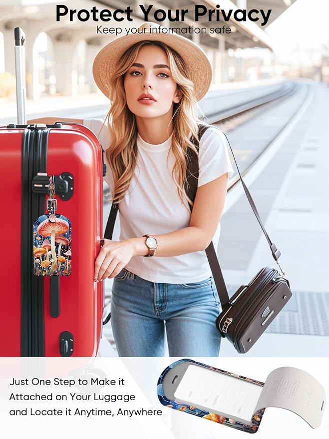 Luggage Tags Built-in Anti-Loss Tracker & Luxury Leather(Mushroom) | for Suitcase, Travel Bags, Backpacks, Travel Organizer for Lost Baggage Prevention