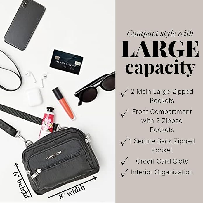 Baggallini Triple Zip Small Crossbody Bag for Women - Lightweight Convertible Fanny Pack Belt Bag