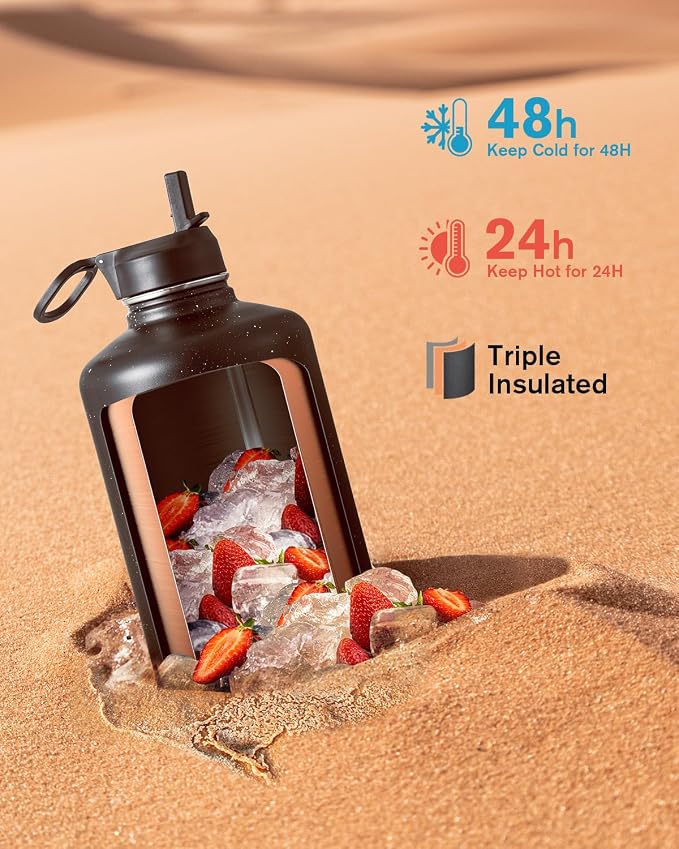 Coolflask 128 oz Gallon Water Bottle Insulated with Straw&3 Lids, Water Jug Large Stainless Steel Metal Vacuum Wide Mouth for Sports, Gym or Office, Non-BPA Keep Cold 48H Hot 24H, Starry Night