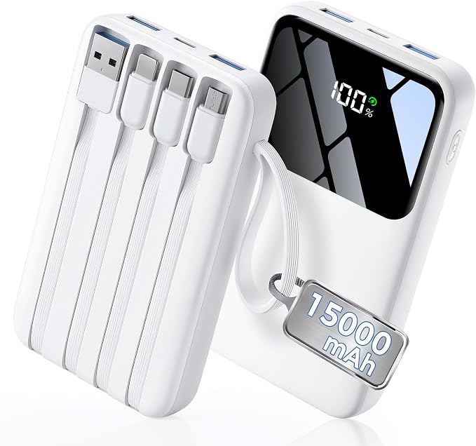 HELLEE Power Bank, 15000mAh Portable Charger with Built in Cable, 22.5W Fast Charging, 6 Outputs, Slim Travel Essential Battery Pack with LED Display, Compatible with iPhone 17/16/15/14/13, iPad White