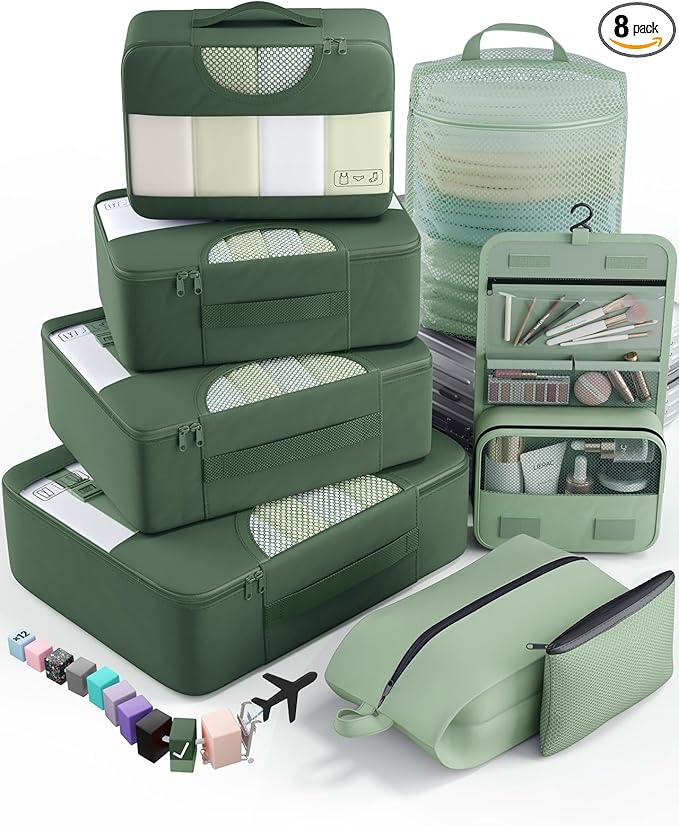 Veken 8 Set Packing Cubes for Travel Essentials, Suitcase Organizer Bags in 4 Sizes, Carry-On Luggage Accessories with Large Laundry Bag & Passport Holder, Must-Have for Airplane, Road Trip & Camping