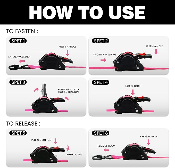 Retractable Ratchet Straps 1" x 13Ft, Heavy Duty Self Retracting Tie Down Straps, 1800lb Break Strength Auto Retract Cargo Straps for Truck, Trailer, Motorcycle, ATV, UTV, (Pink, 4 Pack)