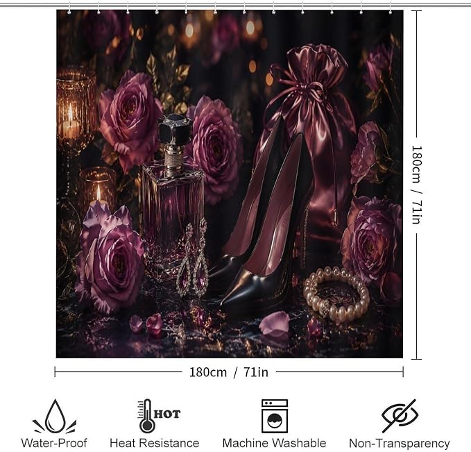 Elegant Purple Roses and Jewelry Bathroom Rug Set 4 Piece with Shower Curtain Non Slip Bath Mat Set Microfiber Bathroom Decor Toilet Lid Cover U Shape Rug Waterproof Bathroom Accessories